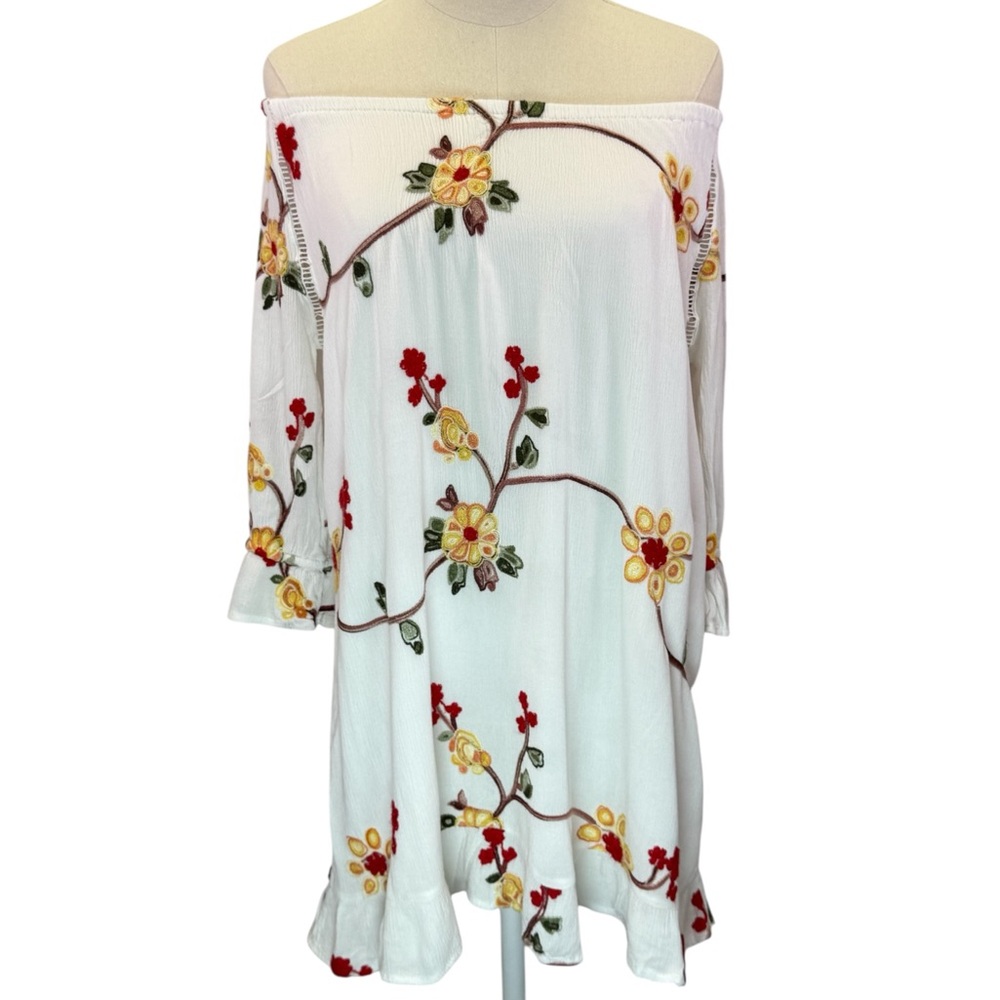 Liv Los Angeles White‎ Floral Embroidered Off Shoulder Boho Mini Dress Size M